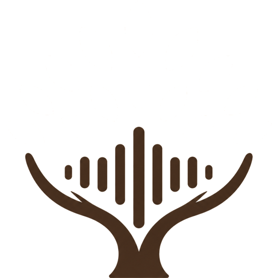 Relato's mark: two hands rising into a trunk made of a voice waveform, under a canopy of leaves
